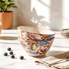 LEMON TREE 2pc Ceramic Medium 4.5" Round Bowl Set - Floral Design Matt Glaze for Snacks, Nuts, Veggies, Savouries & Desserts