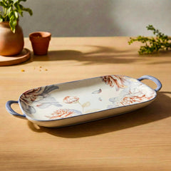 LEMON TREE Ceramic 14inch Rectangular Platter with Double Handles - Floral Prints, Luxe Matt Glaze