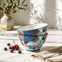 LEMON TREE 2pc Ceramic Medium 4.5" Round Bowl Set - Cherry Design Matt Glaze for Snacks, Nuts, Veggies, Savouries & Desserts
