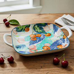 LEMON TREE Premium Ceramic Square Deep Dish Platter with Double Handles - Cherry Prints, Luxe Matt Glaze