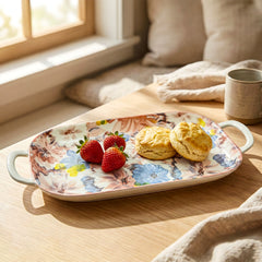LEMON TREE Ceramic 14inch Rectangular Platter with Double Handles - Floral Pink Prints, Luxe Matt Glaze