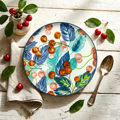 LEMON TREE Premium Ceramic 10.5inch Round Serving Plate - Cherry Prints, Luxe Matt Glaze | Dishwasher Safe, Chip-Resistant