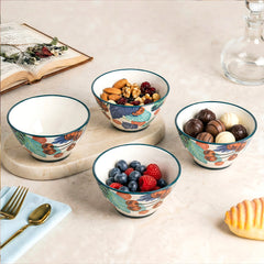 LEMON TREE 4pc Ceramic 4.5" Round Bowl Set - Vibrant Cherry Prints | Ultimate for Snacks, Nuts, Veggies, Savories & Desserts