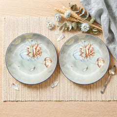 LEMON TREE 2pc Premium Ceramic 18cm Deep Round Lemon Tree Plate - Vibrant Floral Print, Luxe Matt Glaze