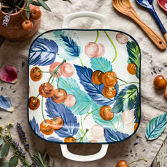 LEMON TREE Premium Ceramic Square Deep Dish Platter with Double Handles - Cherry Prints, Luxe Matt Glaze
