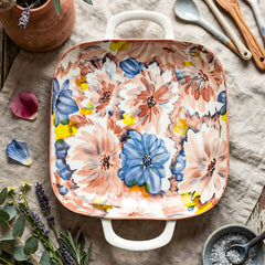 LEMON TREE Ceramic Square Deep Dish Platter with Double Handles - Floral Prints, Luxe Matt Glaze