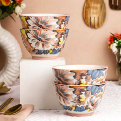 LEMON TREE 4pc Ceramic 4.5" Round Bowl Set - Vibrant Floral Prints | Ultimate for Snacks, Nuts, Veggies, Savories & Desserts