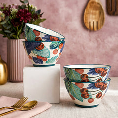LEMON TREE 4pc Ceramic 4.5" Round Bowl Set - Vibrant Cherry Prints | Ultimate for Snacks, Nuts, Veggies, Savories & Desserts