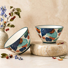 LEMON TREE 2pc Ceramic Medium 4.5" Round Bowl Set - Cherry Design Matt Glaze for Snacks, Nuts, Veggies, Savouries & Desserts
