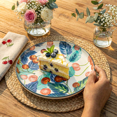 LEMON TREE Premium Ceramic 10.5inch Round Serving Plate - Cherry Prints, Luxe Matt Glaze | Dishwasher Safe, Chip-Resistant