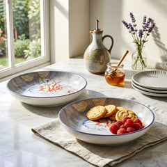 LEMON TREE 2pc Premium Ceramic 18cm Deep Round Lemon Tree Plate - Vibrant Floral Print, Luxe Matt Glaze