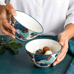 LEMON TREE 2pc Ceramic Medium 4.5" Round Bowl Set - Cherry Design Matt Glaze for Snacks, Nuts, Veggies, Savouries & Desserts