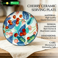 LEMON TREE Premium Ceramic 10.5inch Round Serving Plate - Cherry Prints, Luxe Matt Glaze | Dishwasher Safe, Chip-Resistant