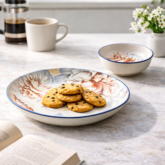 LEMON TREE Ceramic Serving Set: 20cm (8") Deep Round Plate + Mini Dip Bowl - Vibrant Floral Print, Luxe Matt Glaze