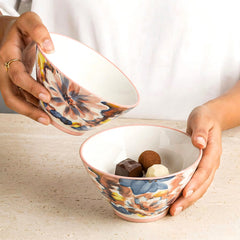 LEMON TREE 2pc Ceramic Medium 4.5" Round Bowl Set - Floral Design Matt Glaze for Snacks, Nuts, Veggies, Savouries & Desserts
