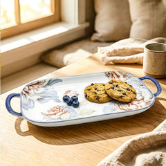 LEMON TREE Ceramic 14inch Rectangular Platter with Double Handles - Floral Prints, Luxe Matt Glaze