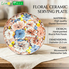 LEMON TREE Premium Ceramic 10.5inch Round Serving Plate - Floral Prints, Luxe Matt Glaze | Dishwasher Safe, Chip-Resistant
