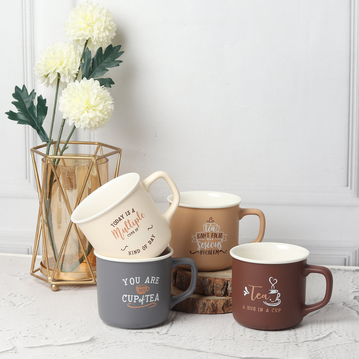 Lemon Tree 4-Piece Matte Porcelain Mug Set – Multicolor Tea  Mugs with Fun & Quirky Text Prints (Brown, Beige, Mustard, Grey)