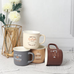 Lemon Tree 4-Piece Matte Porcelain Mug Set – Multicolor Tea  Mugs with Fun & Quirky Text Prints (Brown, Beige, Mustard, Grey)