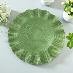 Lemon Tree Green Glass Round Platter with Wavy Rim | Textured Decorative Dish for Dining & Gifting