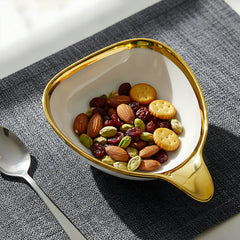 Elegant Brown Triangular Ceramic Serving Bowl – 19cm Deep Dish with Gold Rim & Hook Handle