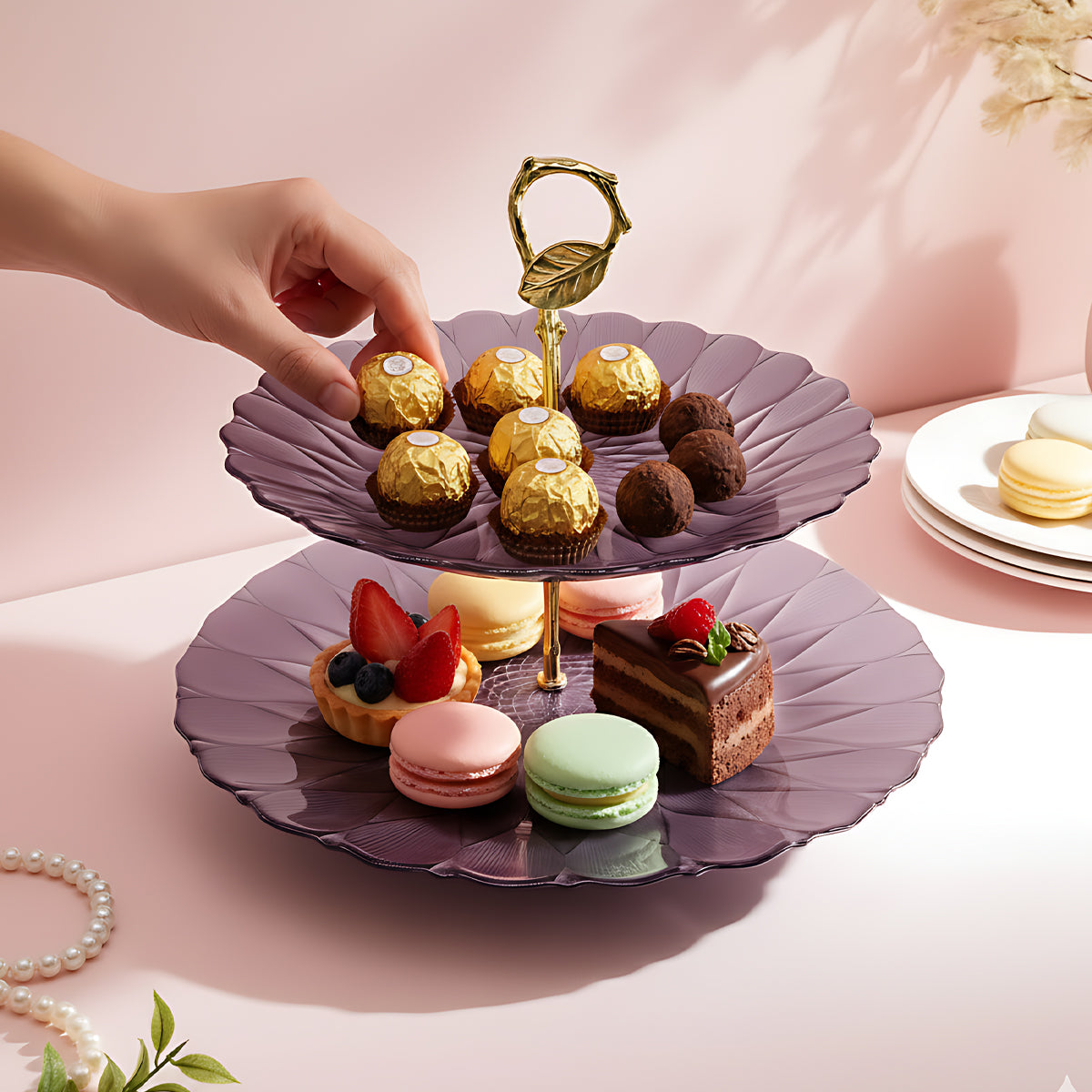 Lemon Tree Purple Pink Textured Glass 2-Tier Platter | Elegant Dual-Tier Serving Stand for Desserts & Snacks