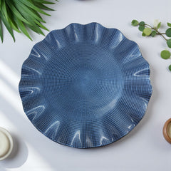 Lemon Tree Blue Glass Flat Round Platter with Wavy Rim | Elegant Textured Serving Dish for Snacks & Salads