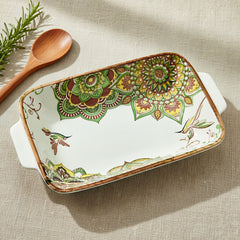 Lemon Tree Green Ceramic Matte Finish Rectangular Deep Dish Platter with Handles – Elegant Serveware for Snacks & Desserts