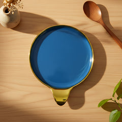 Elegant Blue Round Ceramic Serving Platter – Gold Rim & Hook Handle, 24cm