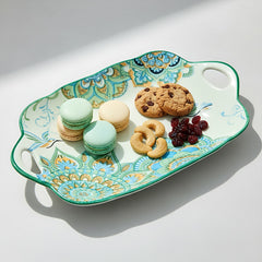 Lemon Tree Blue Ceramic Matte Finish Rectangular Platter with Dual Handle – Stylish Serveware for Snacks & Desserts