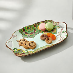 Lemon Tree Green Ceramic Matte Finish Rectangular Platter with Dual Ear Handles – Elegant & Functional Serveware