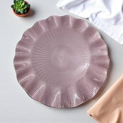 Lemon Tree Purple Pink Glass Platter with Wavy Rim | Elegant Round Serving Dish for Snacks & Desserts