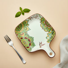 Lemon Tree Green Ceramic Matte Finish Square Platter with Handle – Elegant & Versatile Serveware