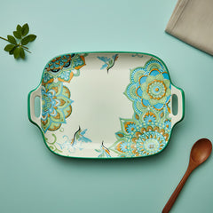Lemon Tree Blue Ceramic Matte Finish Square Platter with Double Ear Handles – Elegant & Functional Serveware