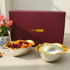 LEMON TREE 2pc German Silver Plated Metal 8" (600ml) Oval Bowl Set - Gold & Silver Matt Finish | Perfect for Gifts