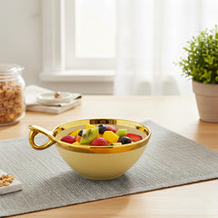 Elegant Cream Ceramic Deep Serving Bowl – 18cm Round Dish with Gold Rim & Hook Handle