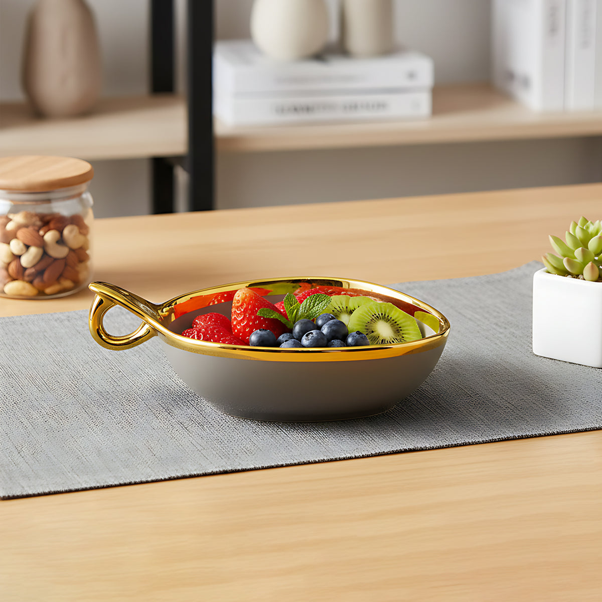 Elegant Brown Triangular Ceramic Serving Bowl – 19cm Deep Dish with Gold Rim & Hook Handle
