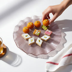 Lemon Tree Purple Pink Glass Platter with Wavy Rim | Elegant Round Serving Dish for Snacks & Desserts