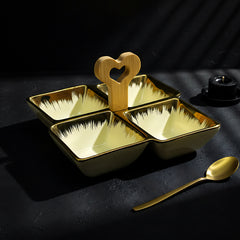 Cream Ceramic Quad-Part Serving Platter with Bamboo Handle & Gold Rim – Stylish Divided Snack Tray