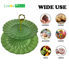 Lemon Tree Green Textured Glass 2-Tier Platter | Elegant Serving Stand for Desserts, Fruits & Festive Décor