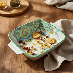 Lemon Tree Blue Ceramic Matte Finish Square Deep Dish Platter with Double Handles – Elegant & Functional Serveware