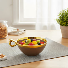 Luxury Brown Ceramic Deep Serving Bowl – 18cm Snack & Salad Dish with Gold Rim & Hook Handle