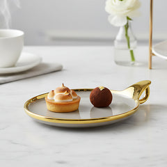 Luxurious Brown Ceramic Serving Platter – Gold Rim & Hook Handle, 24cm