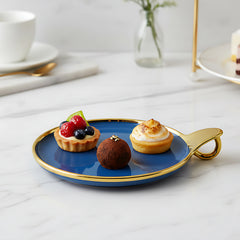 Elegant Blue Round Ceramic Serving Platter – Gold Rim & Hook Handle, 24cm