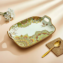 Lemon Tree Green Ceramic Matte Finish Square Platter with Double Ear Handles – Stylish & Versatile Serveware