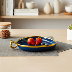 Stylish Blue Ceramic Deep Triangular Platter – Gold Rim & Hook Handle, 24cm
