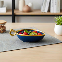 Stylish Blue Triangular Ceramic Deep Serving Bowl – 19cm Dish with Gold Rim & Hook Handle