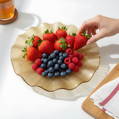Lemon Tree Brown Glass Flat Round Platter with Wavy Rim | Elegant Textured Serving Dish for Snacks & Desserts