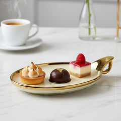 Elegant Cream Ceramic Round Serving Platter – Gold Rim & Hook Handle, 24cm