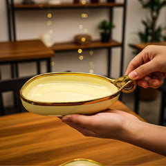 Elegant Cream Ceramic Deep Triangular Platter – Gold Rim & Hook Handle, 24cm